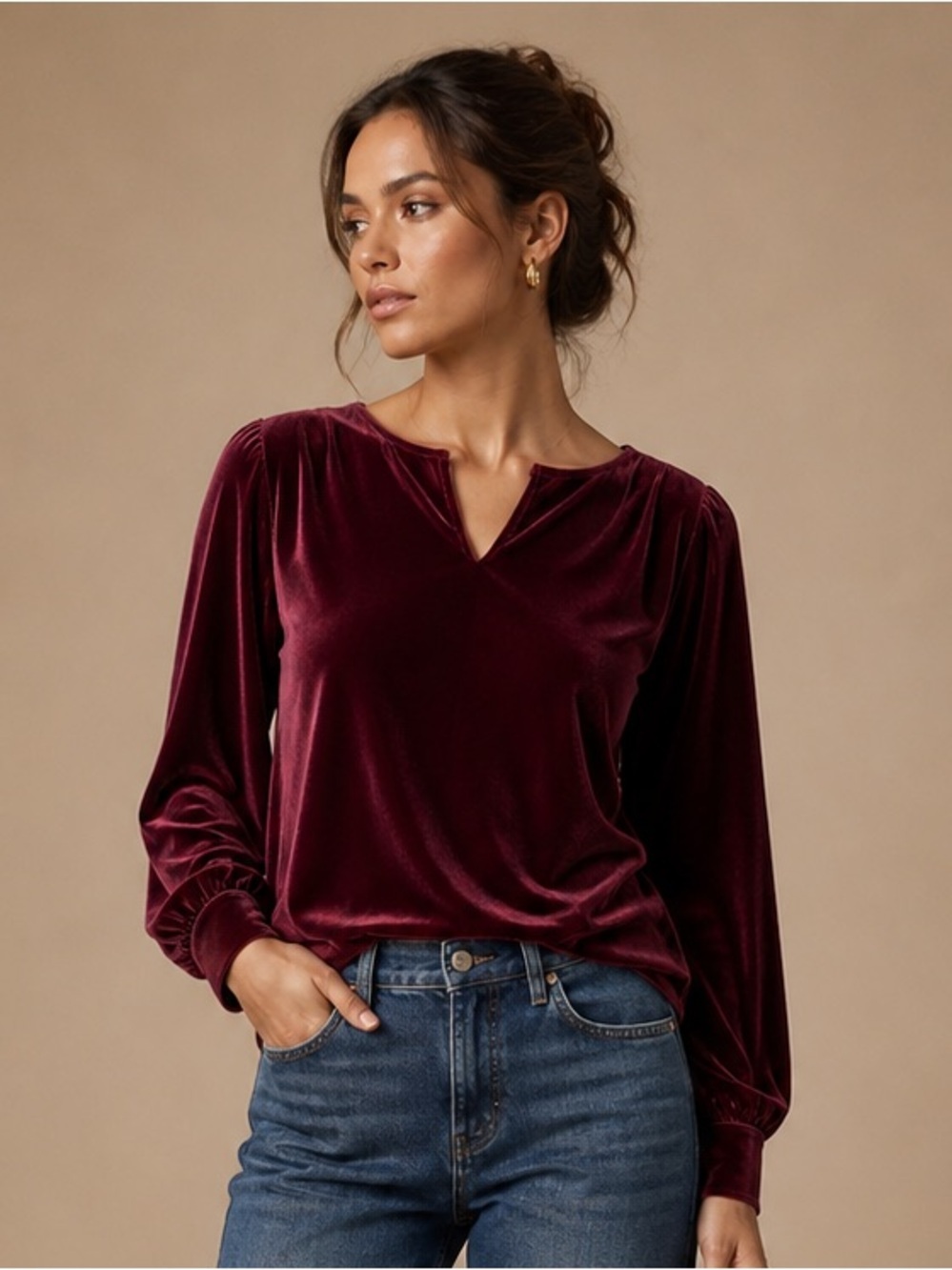 Burgundy Velvet Blouse 3XL Statement Sleeve Holiday Top